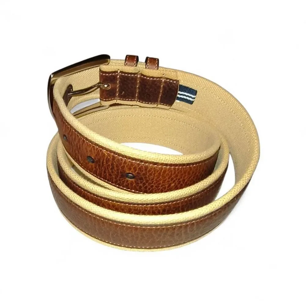 Nautica leather canvas webbing belt J-class sailboat logo brown pebbled leather